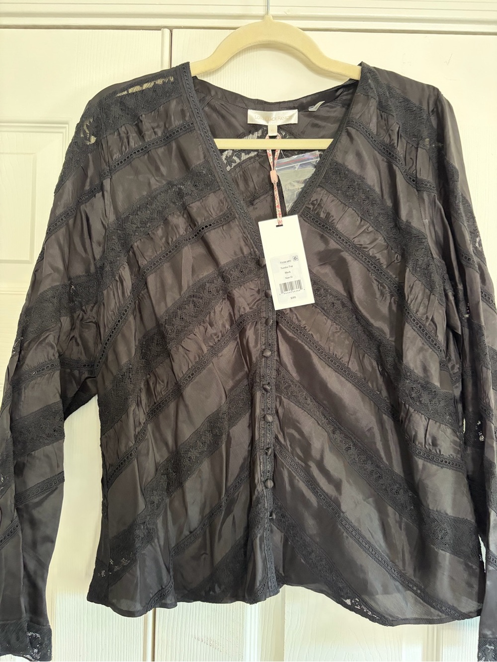 LoveShackFancy Black Lace-Trim Button Front Blouse
